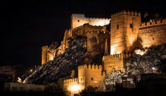 The Alcazaba fortress in Almería city, illuminated at night