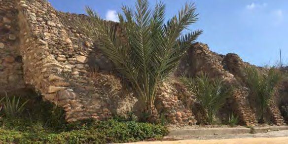 The mill's stone-walled irrigation channel, the acequia, shaded by palms