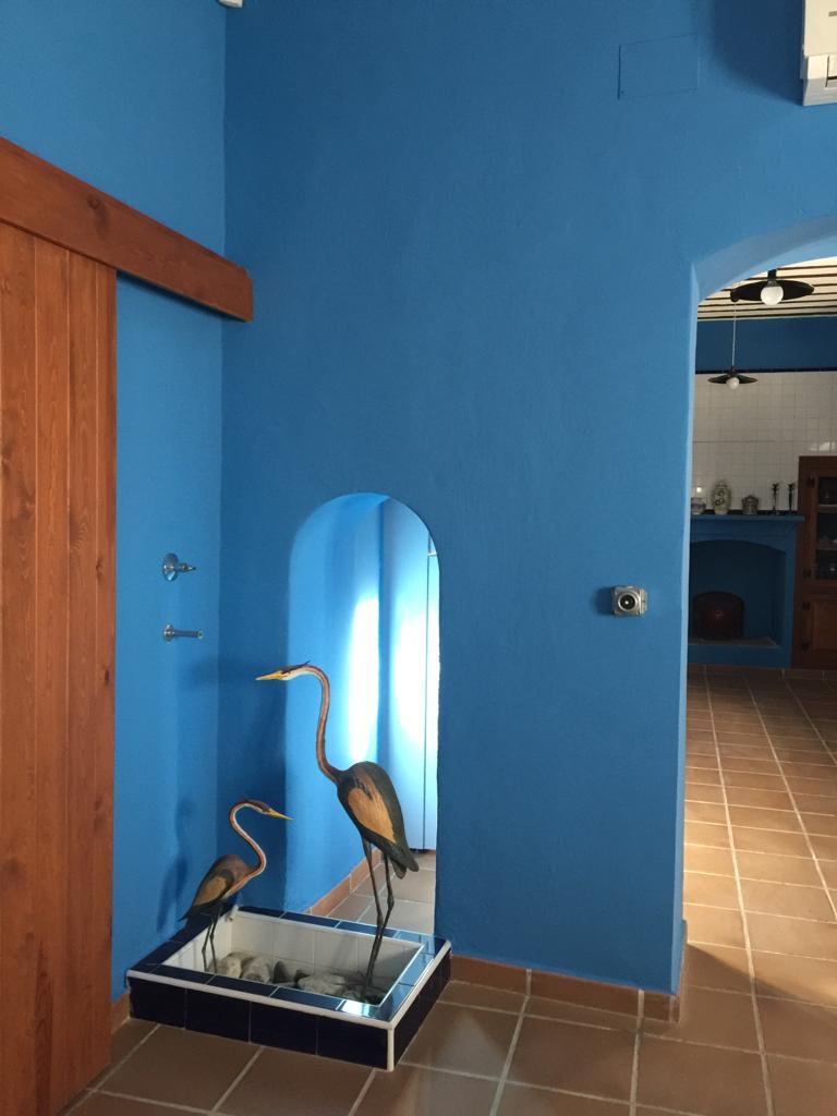 A blue-painted hallway with two decorative heron figures in a small tiled pool, leading through an arch to a traditional kitchen