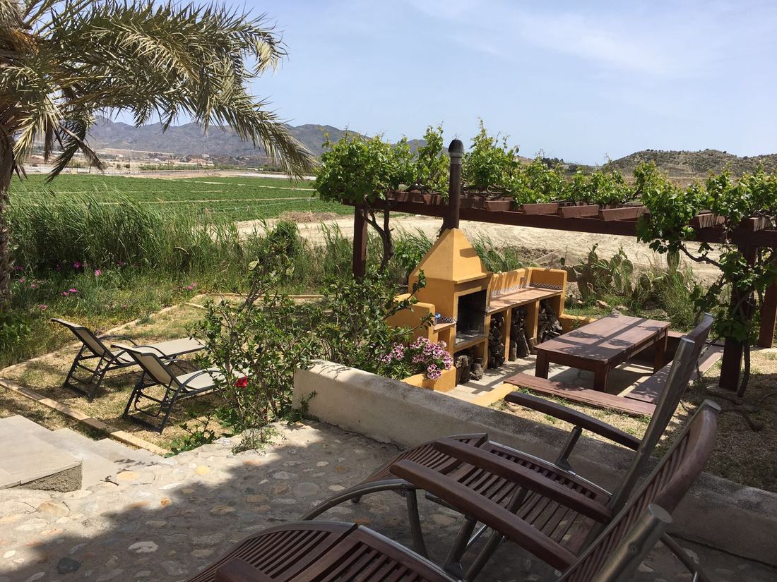 A garden lounge area with sun loungers, the barbecue and a grapevine pergola, overlooking open farmland and mountains
